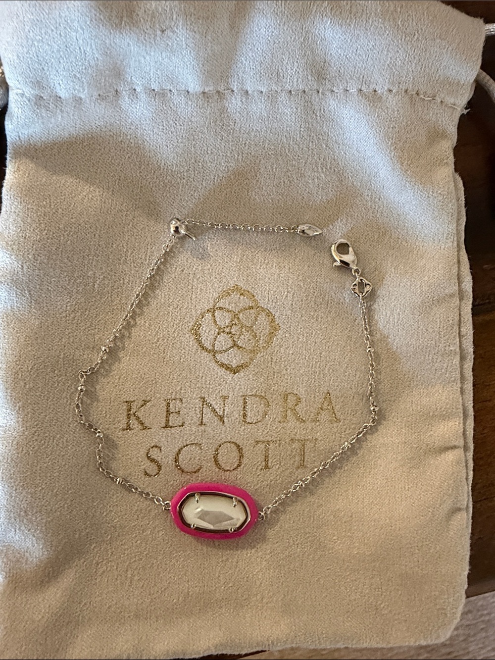 Kendra Scott adjustable bracelet white MOP and pink enamel frame like new
